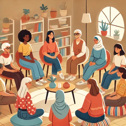 groupes de femmes multiculturelles participant à un groupe de parole avec une psychologue violences conjugales violences au sein du couple violences sexuelles écoute, partage, reconstruction